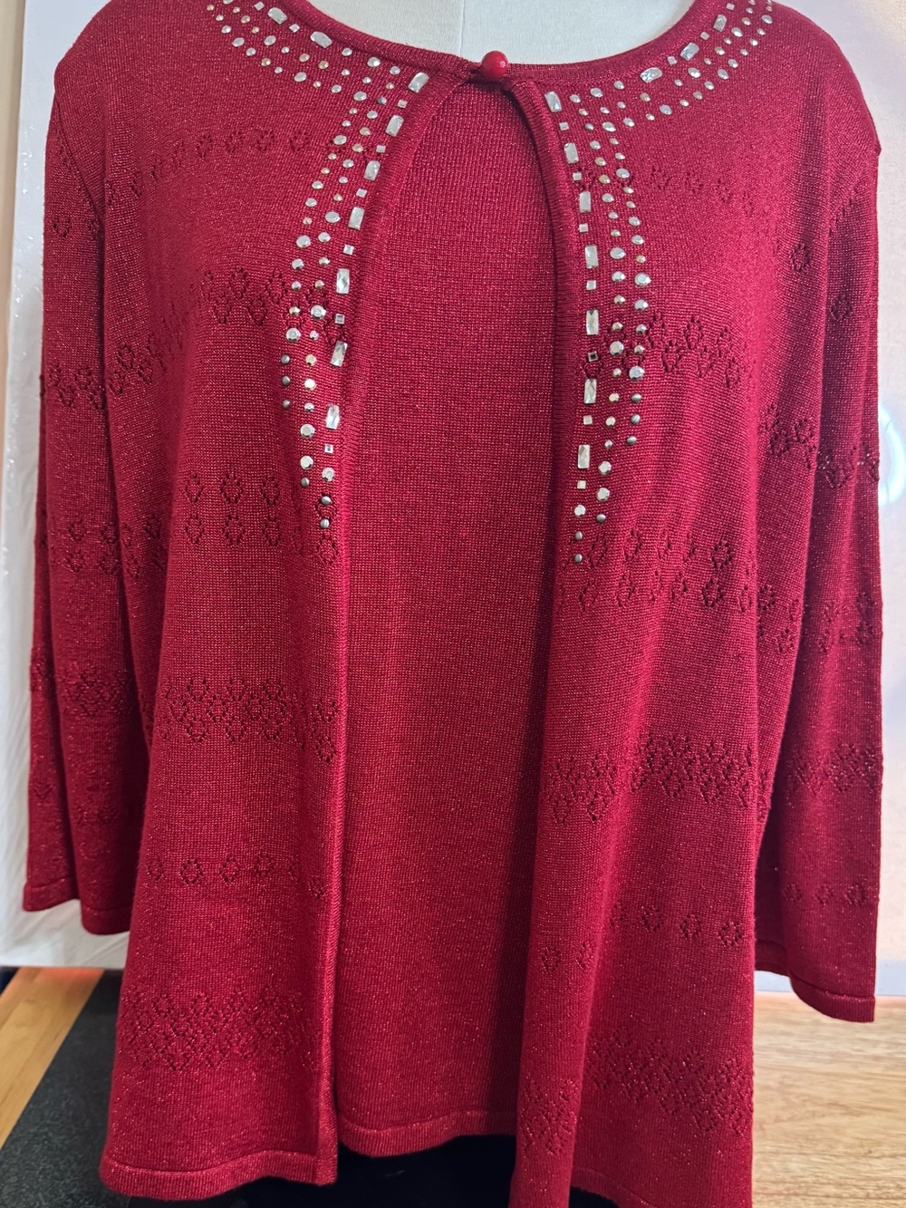 Alfred Dunner Red Embellished Open-Front Knit Top